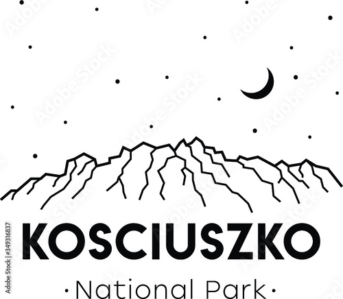 Mount Kosciuszko in Australia. Black and white vector illustration. Can be used as a print for clothes, T-shirts, souvenirs. Poster, card.