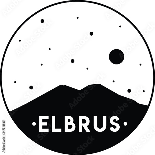 Elbrus. Mount in Russia. Caucasus Mountains. Vector black and white illustration. Travel and tourism