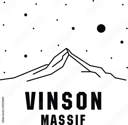 Vinson Massif. Antarctic. Vector black and white illustration of mountains. Travel, tourism. Print design
