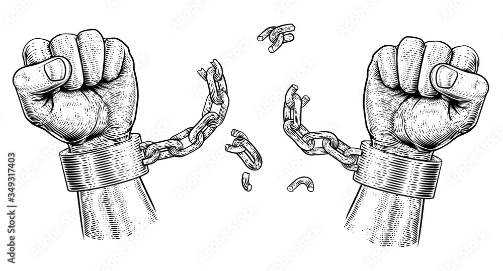 Hands breaking chain shackle handcuffs in a vintage woodcut revolution