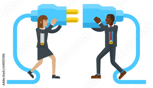 Business man and woman cartoon character mascots connecting two sides of a giant plug together.