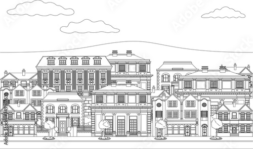 Street scene with Victorian and Georgian style houses, shops and other buildings in outline like a coloring book page illustration