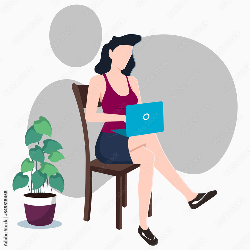 Girl sitting on a chair with laptop flat design for freelancing or studying from home