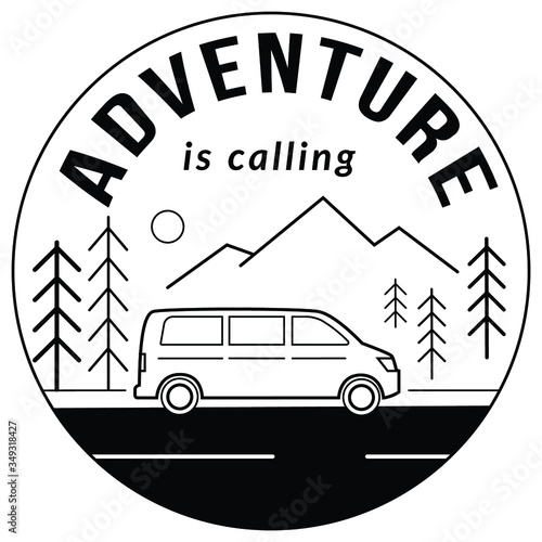 Adventure is calling. Road trip touristic location, landscape with mountains and forest trees drawn with black contour lines on white background. Monochrome vector illustration. Print design