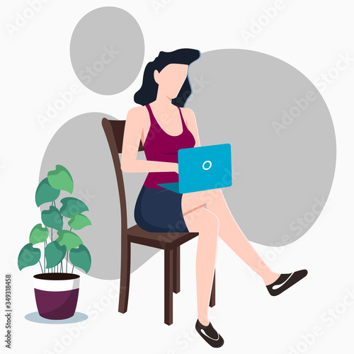 Girl sitting on a chair with laptop flat design for freelancing or studying from home