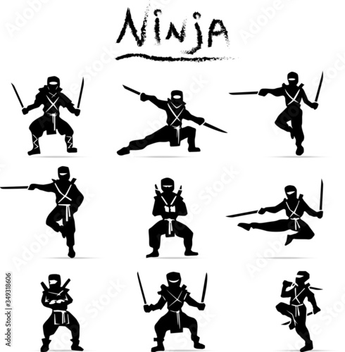 Vector set ninja cartoon doodle flat silhouettes