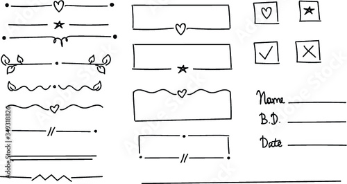 Ornament dividers with heart, star, leaf. Hand drawn decoration, ornamental divider and sketch leaves ornaments. Set of ink flourish line decorations doodles isolated vector set. Check box. - Vector