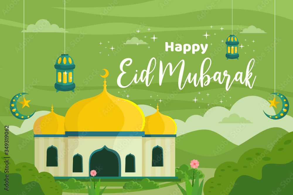Green Islamic background of happy eid Mubarak vector illustration in flat design style