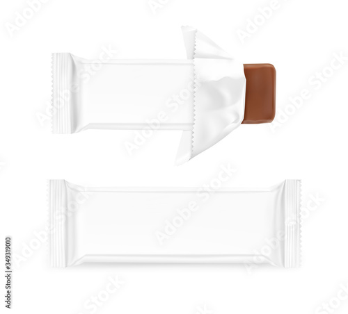 Open flow packaging mockup with bar. Vector illustration isolated on white background. Can be use for your design, promo, adv and etc. Possibility for food, pharmaceutical, cosmetic. EPS10.	