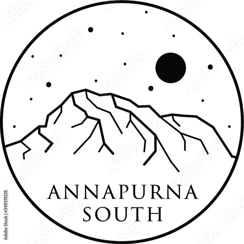 Vector black and white illustration of mount Annapurna South in Nepal. Print design. Travel and tourism. Trekking, hiking, camping