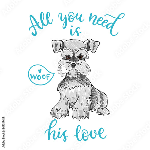 All you need is his love. Sketchy illustration with a Schnauzer dog