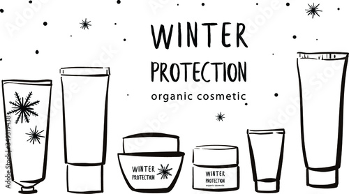 Organic natural cosmetics for winter protection. Hand cream and face for winter skin care. Set of vector hand drawn isolated illustrations. Black and white sketch on a white background.