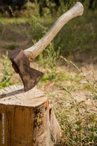 Axe embedded in a chopping block