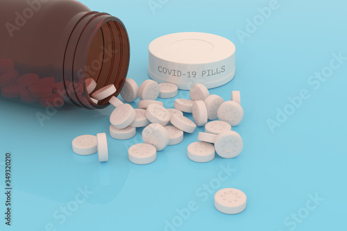 bottle of white coronavirus pills on blue surface