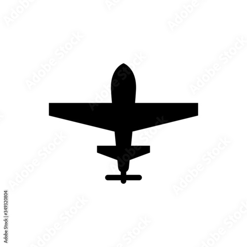 Unmanned aerial vehicle icon, military drone in black flat design on white background
