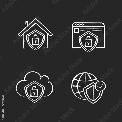Internet security system chalk white icons set on black background. Smart home lock. Cloud computing safety. Personal information protection. Isolated vector chalkboard illustrations