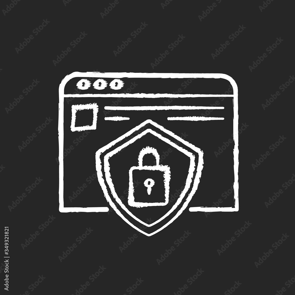 Social network account security chalk white icon on black background. Personal Internet page encryption. Data protection. Browser user privacy and safety. Isolated vector chalkboard illustration Social network account security chalk white icon on black background. Personal Internet page encryption. Data protection. Browser user privacy and safety. Isolated vector chalkboard illustration