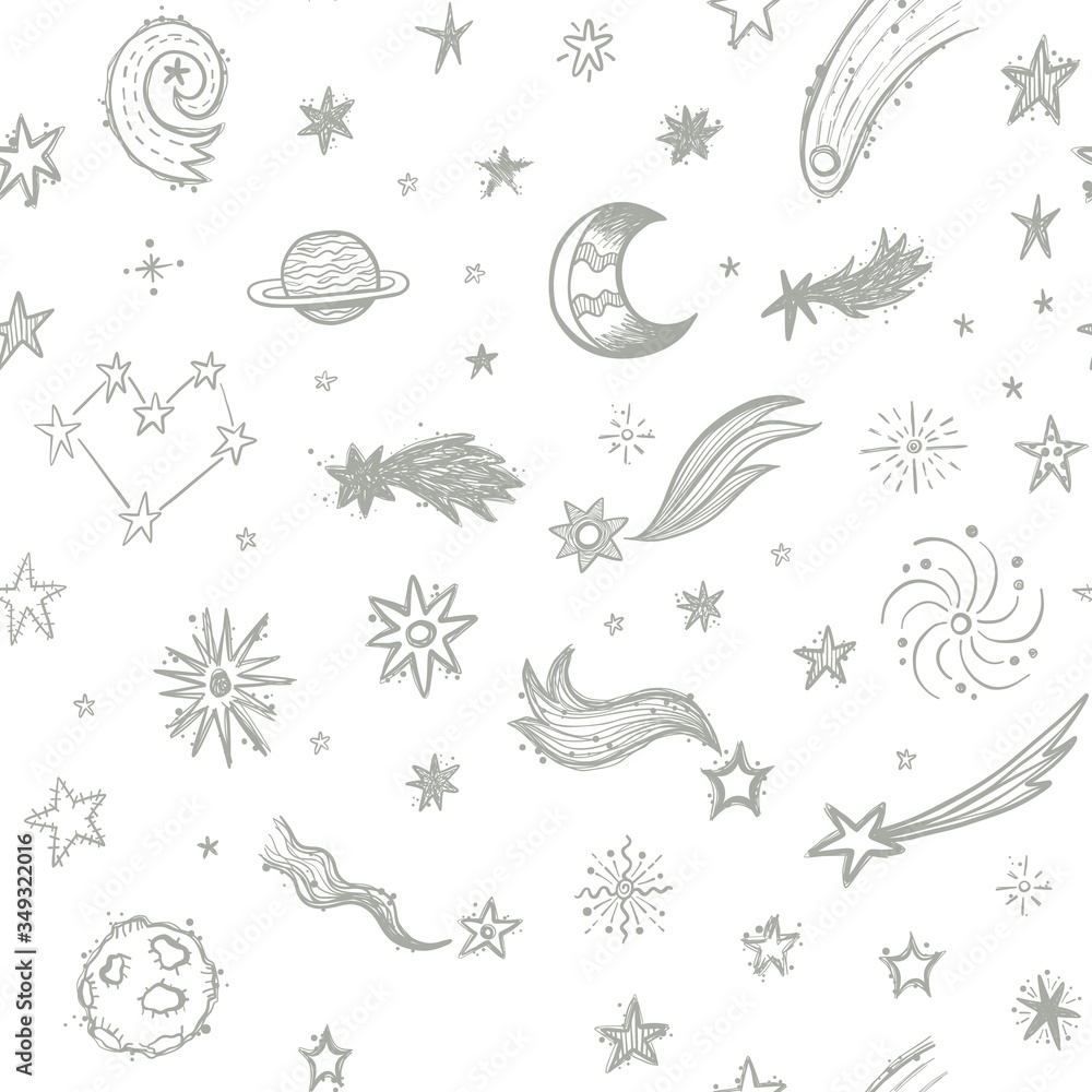 Naklejka premium Seamless pattern with stars, comets and planets on the golden background
