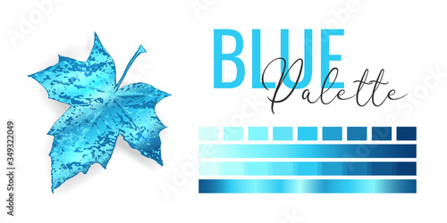Fashion blue metallic color trend. Colour palette with different shades of blue color and gradient. Frozen winter tree leaf on white background. Paint palette mock up. Vector illustration