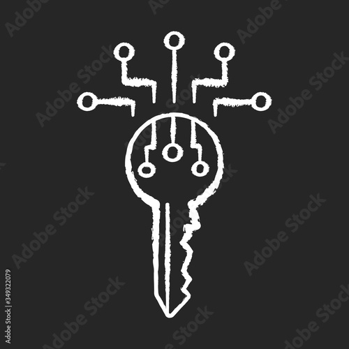 Digital key chalk white icon on black background. Personal information security. Data encryption. Electronic key. Private access. Identification technology. Isolated vector chalkboard illustration
