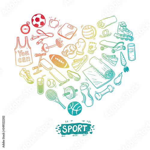 Heart shape frame with hand drawn sport and healthy lifestyle elements