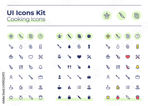 Cooking UI icons kit. Meal preparation thin line, glyph and color vector symbols set. Dinner recipe. Fork and plate. Food mobile app buttons in mint circles pack. Web design elements collection