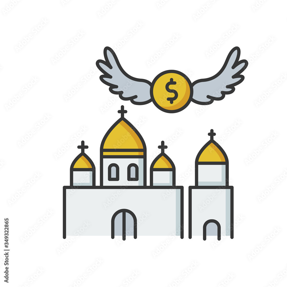 Church donation RGB color icon. Charity for religious community. Contribution to christian congregation. Offer money to support holy ceremony. Invest in chapel. Isolated vector illustration