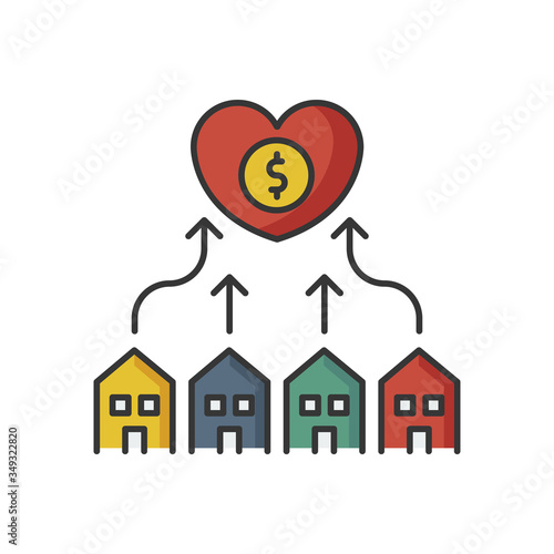 Neighborhood development RGB color icon. Suburban community union. Financial contribution to residential housing. Affordable home and apartment. Buy mansion with loan. Isolated vector illustration