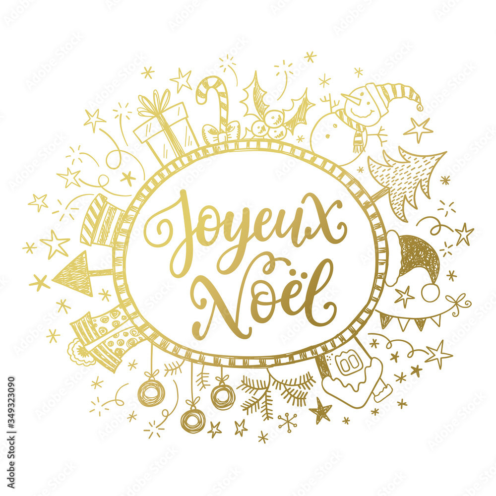 Merry Christmas card design with greetings in french language. Joyeux noel phrase with doodle frame.