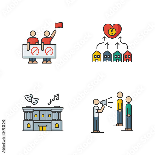Social life RGB color icons set. Human right protection. Neighborhood development. Cultural center. Public broadcasting. Social activism. Volunteering for assistance. Isolated vector illustrations