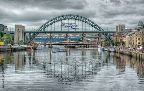 Newcastle city Skyline with Tyne Bridge in view at Newcastle Quayside 