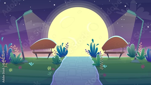 park night bench , romantic date sunset walk , grass hill stars at the sky background. vector landscape scenery illustration