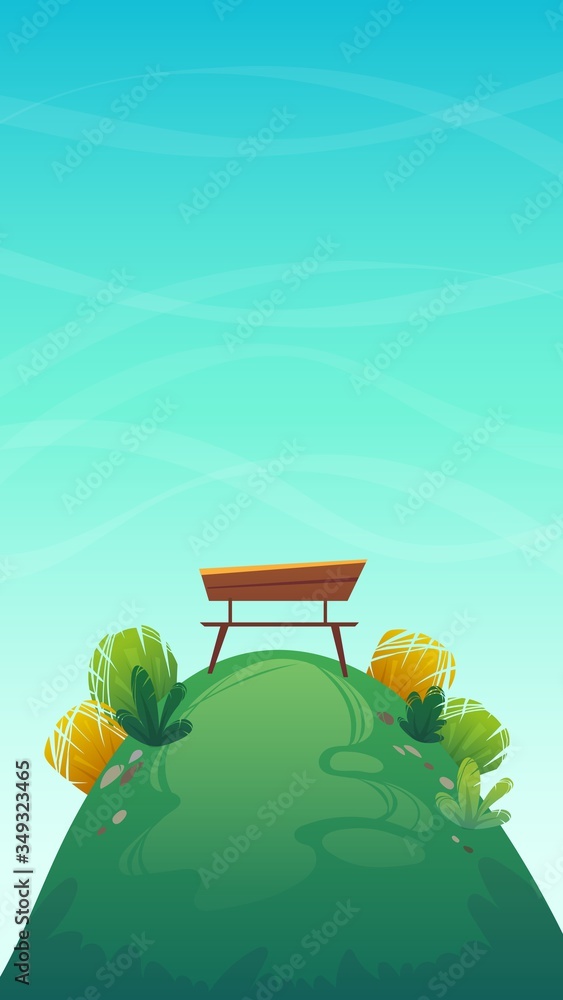 park bench on a hill with green grass and bushes plants. Nature outdoors background cartoon funny cheerful style. vector