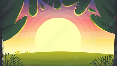 sunset park background  nature park or forest lawn glade and sunset sky sun violet and pink clouds. vector cartoon illustration landscape