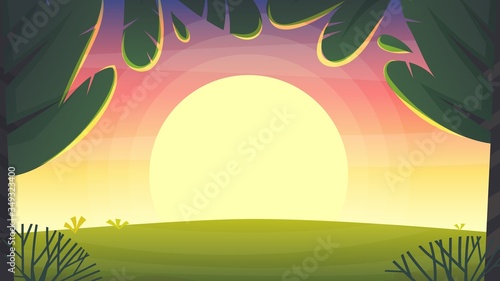 sunset park background, nature park or forest lawn glade and sunset sky sun violet and pink clouds. vector cartoon illustration landscape