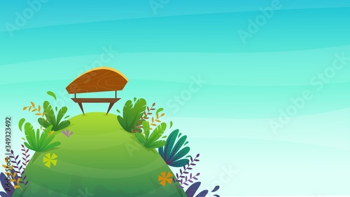 park bench on a hill with green grass and bushes plants. Nature outdoors background cartoon funny cheerful style. vector