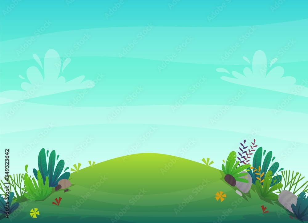Obraz premium cheerful grass meadow at park trees and bushes flowers scenery background. vector illustration of forest nature happy cartoon style