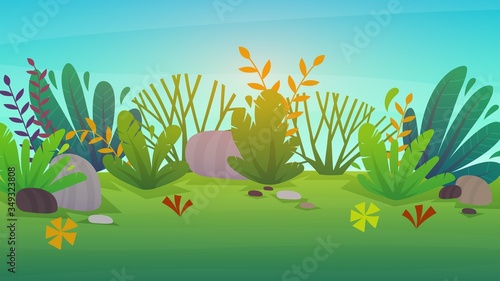 sunset park background, nature park or forest lawn glade and sunset sky sun violet and pink clouds. vector cartoon illustration landscape