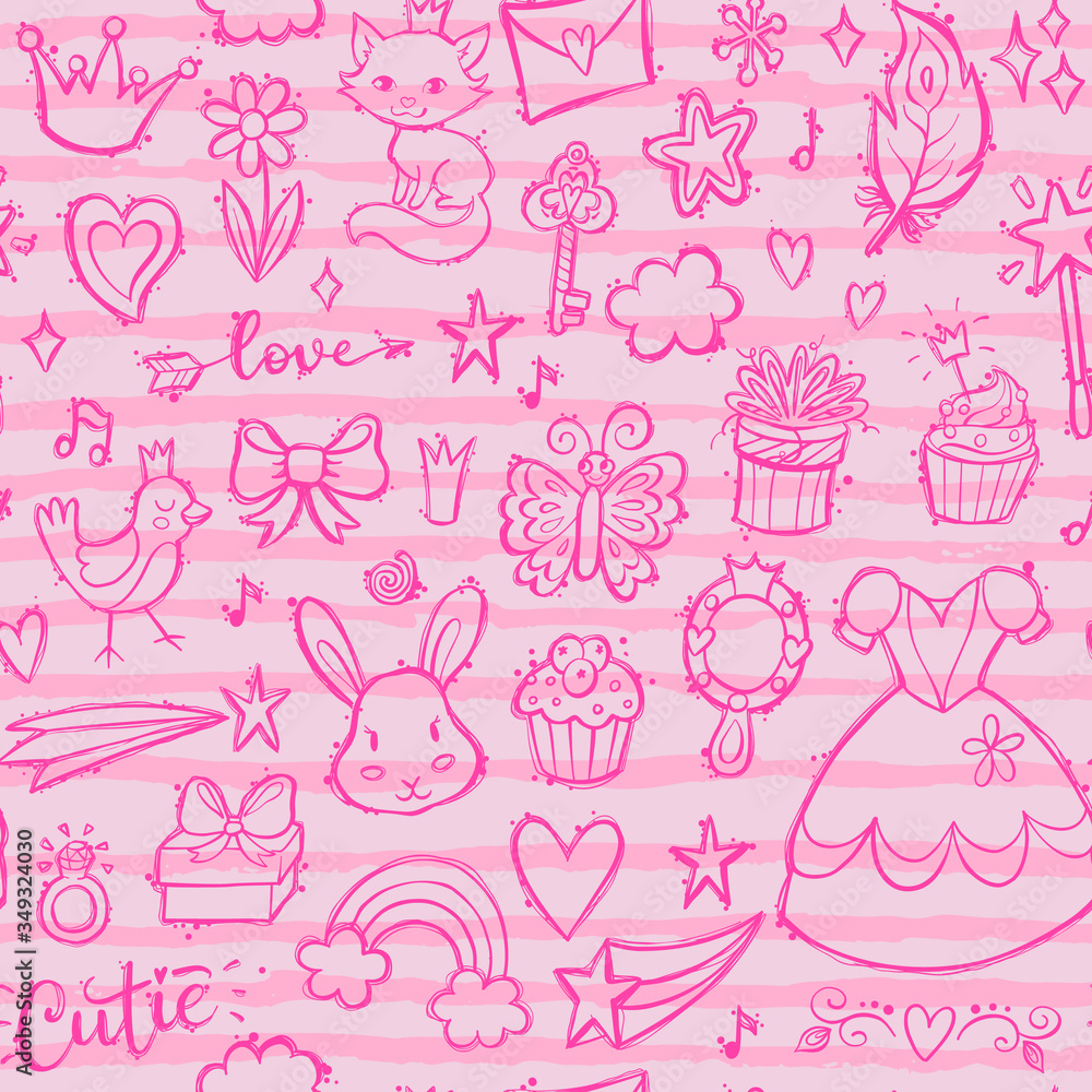 Seamless pattern with hand drawn doodle princess set