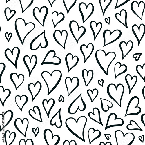 Seamless black and white vector background with hearts. Love, wedding, Valentines day design.