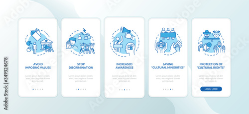 Protect ethnic minority onboarding mobile app page screen with concepts. Multiculturalism appreciation walkthrough 5 steps graphic instructions. UI vector template with RGB color illustrations