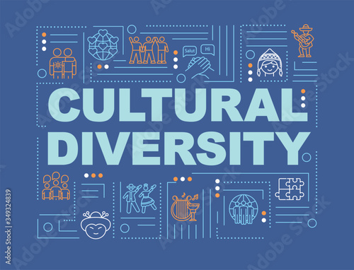 Multiculturalism word concepts banner. Cultural diversity. International community. Infographics with linear icons on blue background. Isolated typography. Vector outline RGB color illustration