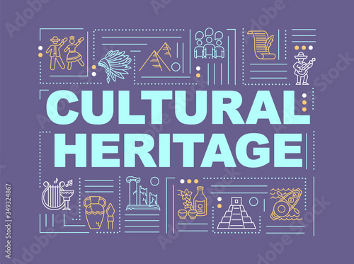 Culture and history word concepts banner. Antique artifact. Folklore and customs. Infographics with linear icons on violet background. Isolated typography. Vector outline RGB color illustration
