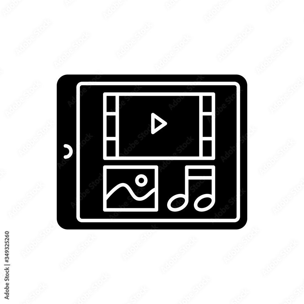 Multimedia black glyph icon. Tablet display with menu navigation. Digital technology. Electrical gadget screen. Photo, video on device. Silhouette symbol on white space. Vector isolated illustration Multimedia black glyph icon. Tablet display with menu navigation. Digital technology. Electrical gadget screen. Photo, video on device. Silhouette symbol on white space. Vector isolated illustration