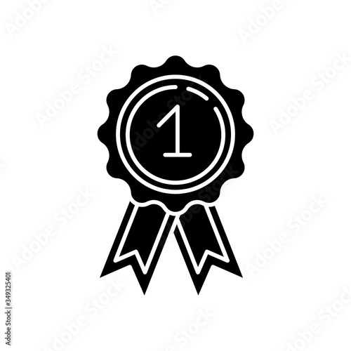 Reward black glyph icon. Winner of first place. Golden standard of quality. Competition prize medal. Leadership and achievement. Silhouette symbol on white space. Vector isolated illustration