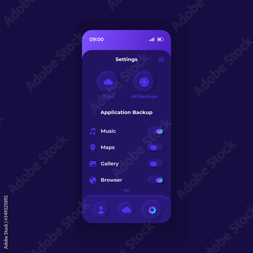 Backup parameters smartphone interface vector template. Mobile app page dark design layout. Reserve copying settings screen. Flat UI for application. File types for server upload on phone display
