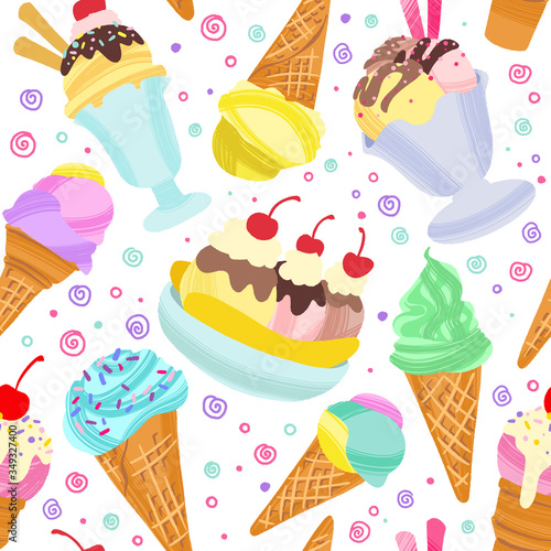 Ice cream background  summer dessert seamless pattern.