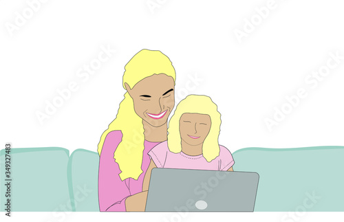 A mother and daughter happily video chat with their family on the computer