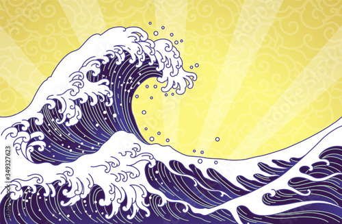 Great wave and ocean oriental style illustration isolated on golden sunshine and seamless clouds background. Japan waves and Chinese cloud vector.