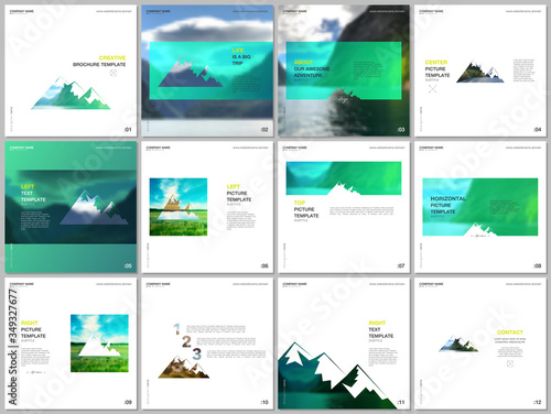 Brochure templates. Covers design templates for square flyer, leaflet, brochure, report, presentation, advertising. Background for tourist camp, nature tourism, camping. Aadventure design concept.
